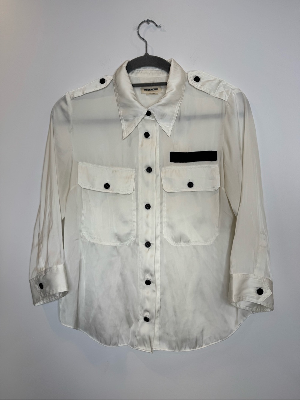 ZADIG & VOLTAIRE Ivory Toast Satin Button up 3/4 sleeve Size M military utility